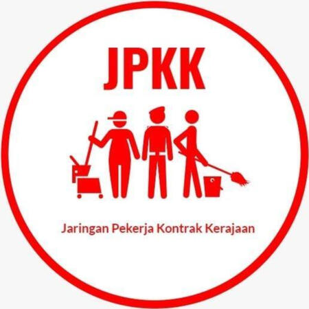 Logo JPKK dengan dua orang pembersih di tepi dan pengawal keselamatan di tengah
